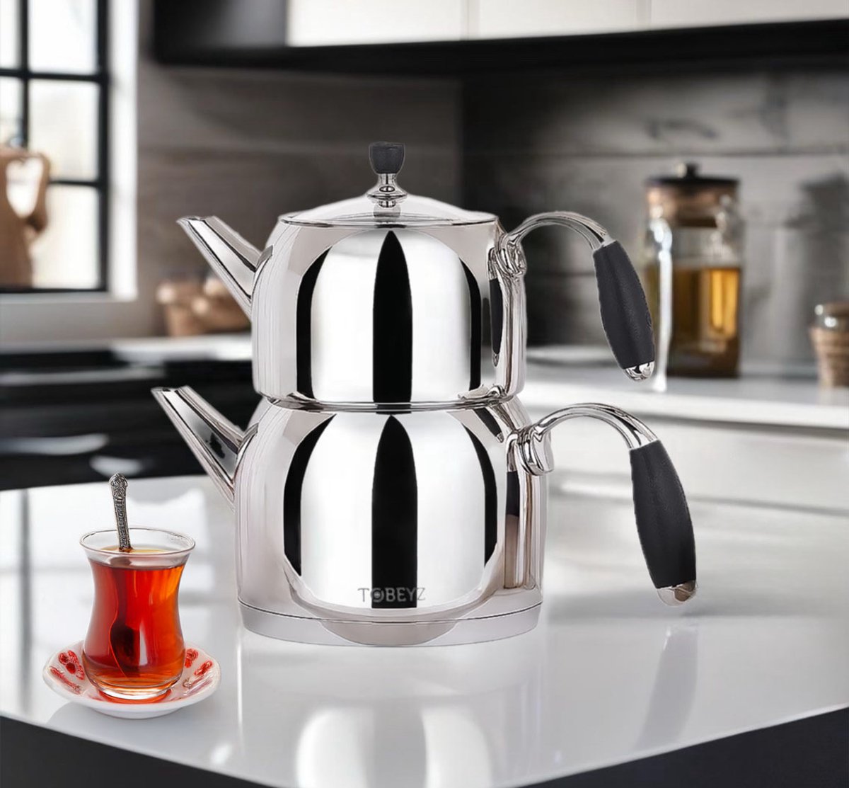 Tobeyz Alara Stainless Steel Teapot - Premium 4L Dual-Chamber Tea Set with Solar Base Technology