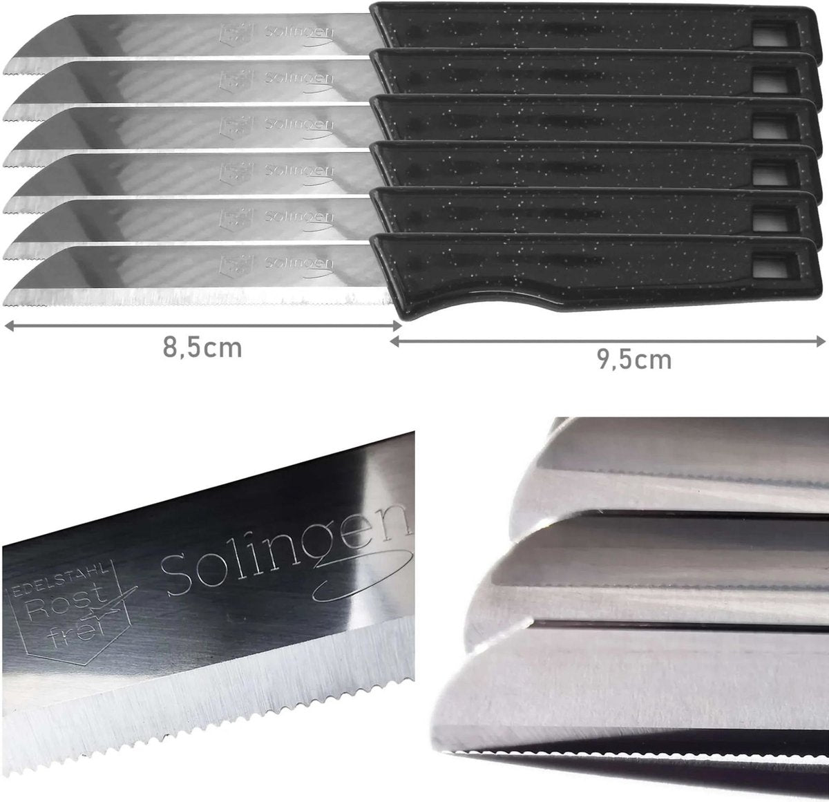 Premium Solingen 6-Piece Black Glitter Serrated Tomato Knife Set - 18.5cm Stainless Steel with Blade Covers