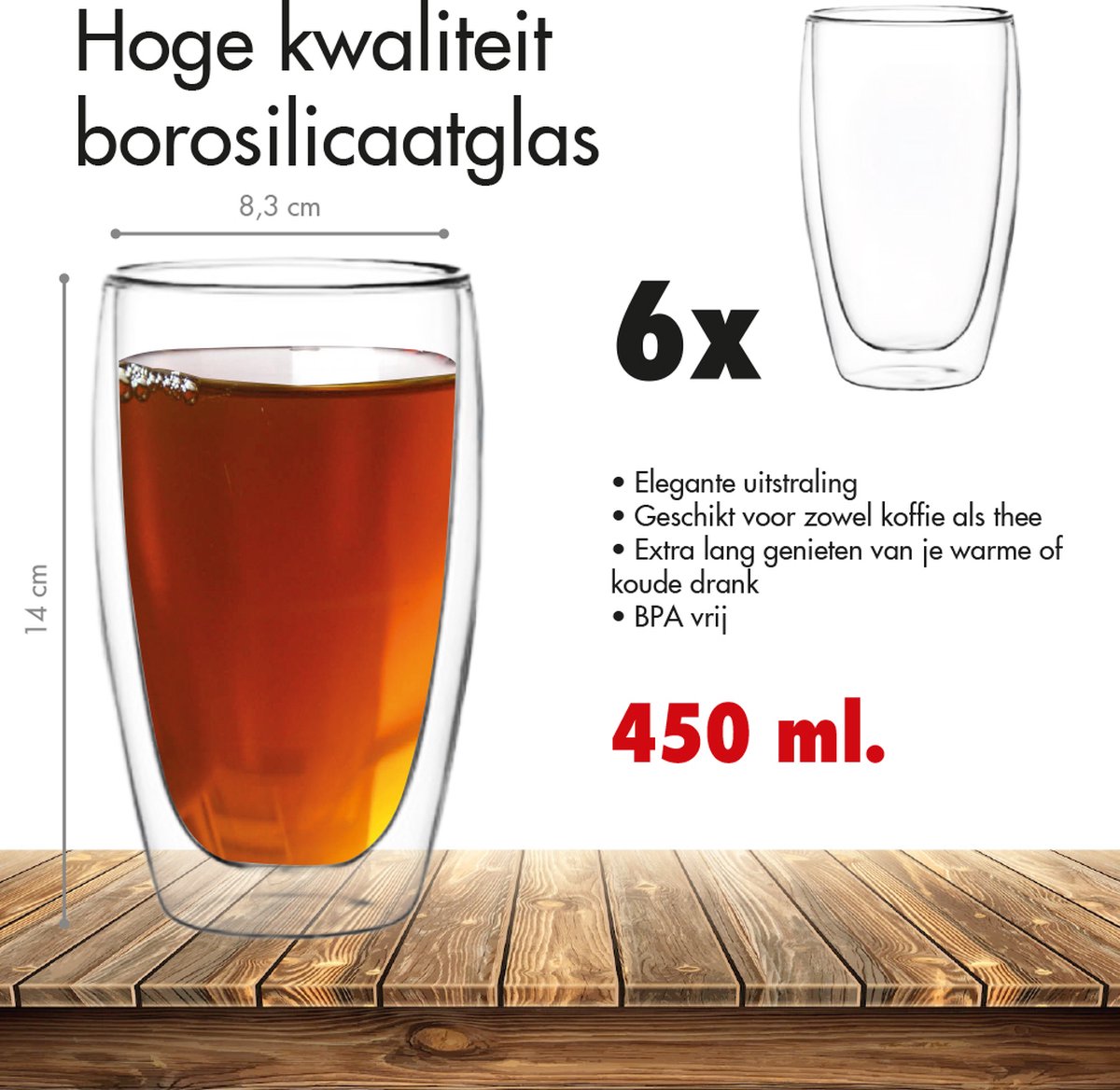 6x Dubbelwandige koffieglazen 450 ml geglazuurde cappuccinokop Latteglas Dubbelwandig theeglas Premium thermische collectie 