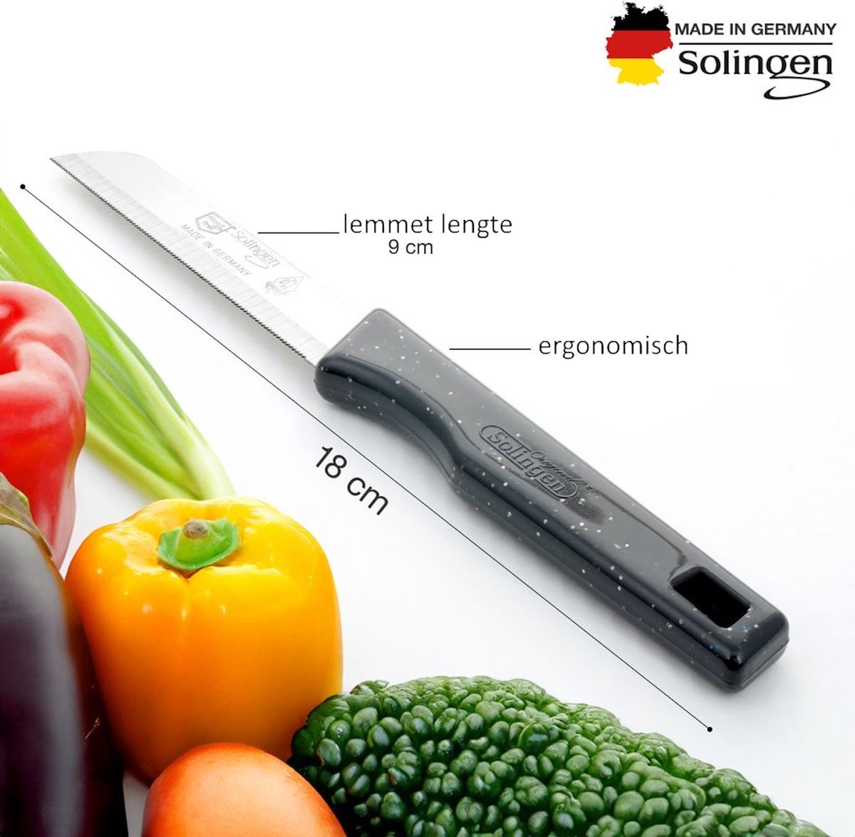Premium Solingen 6-Piece Black Glitter Serrated Tomato Knife Set - 18.5cm Stainless Steel with Blade Covers