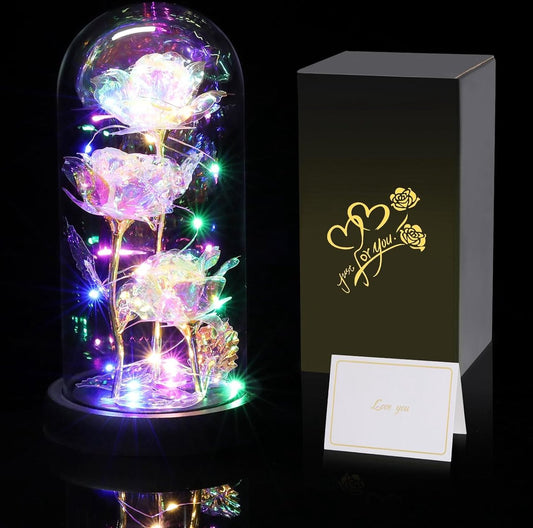 Eternal Galaxy Rose Under Glass Dome with LED Lights - Enchanting Forever Flower Gift for Women, Mother, Grandmother - Perfect for Birthday, Wedding, Christmas