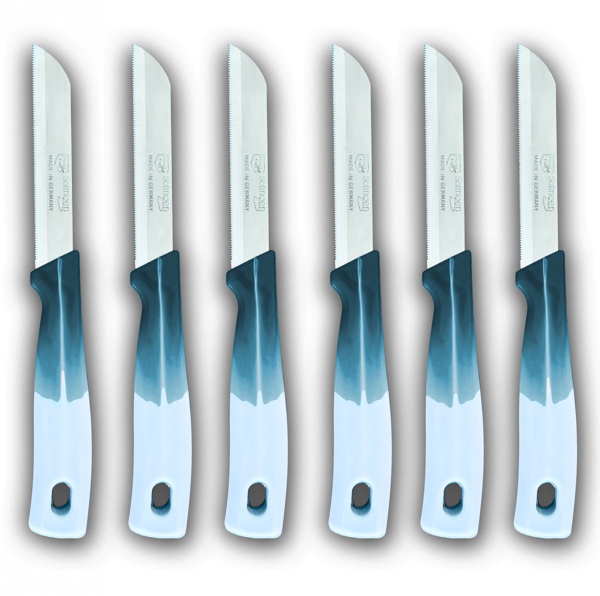 Solingen Premium Serrated Knife Set 6-Pack - Professional German Vegetable &amp; Tomato Knives with Protective Blade Covers and Ergonomic Blue Handles for Precise Cutting Performance