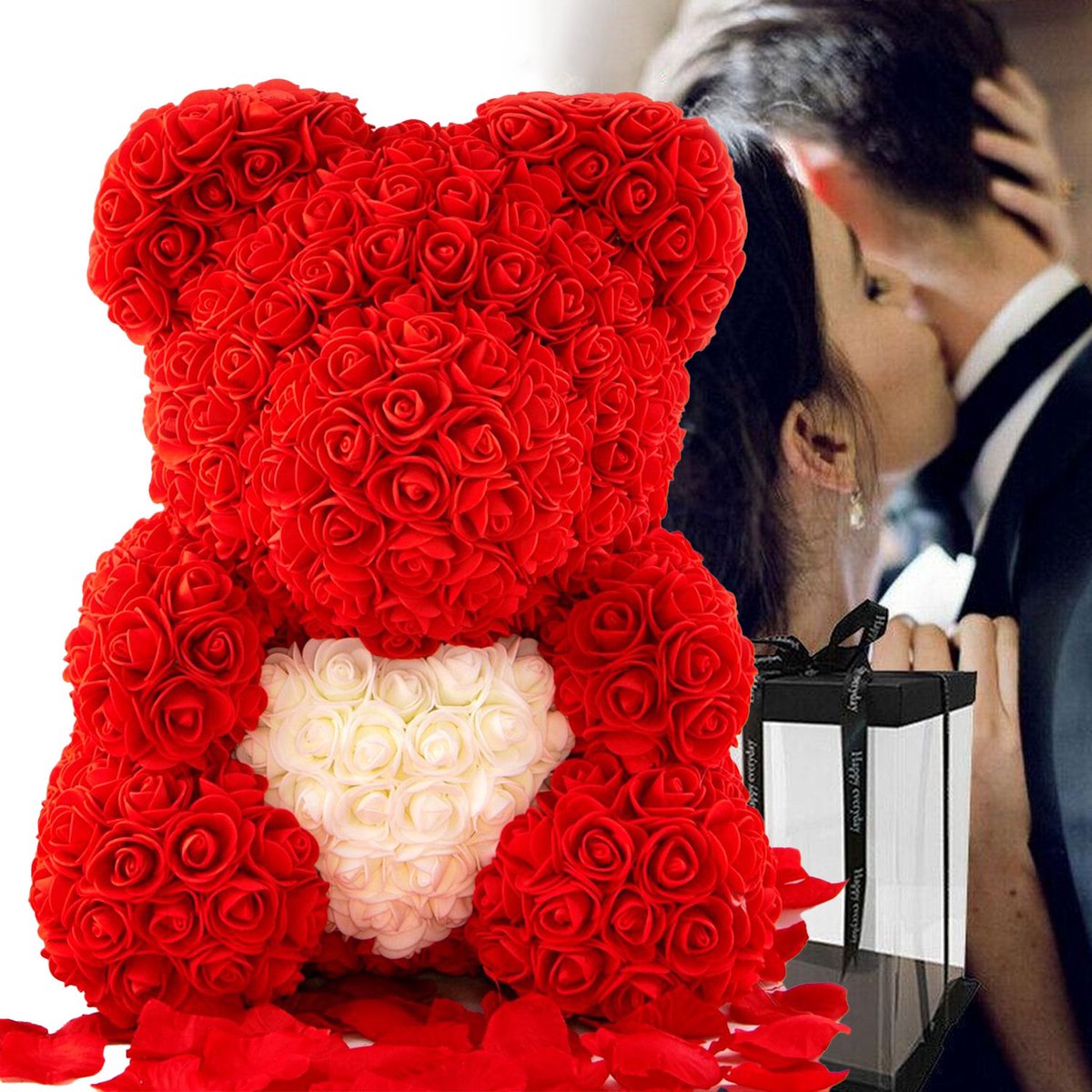 Teddybeer Rozen Valentijnsdag Liefdescadeau Rood met Wit 40cm Babyshower Baby Geboorte Meisje Inclusief Geschenkdoos 