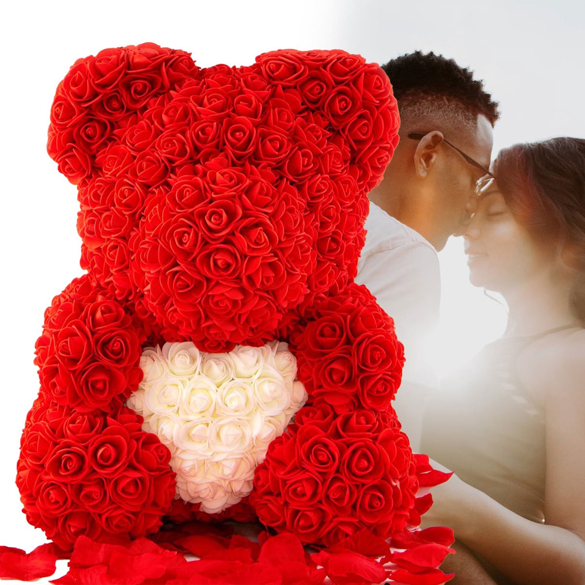Teddybeer Rozen Valentijnsdag Liefdescadeau Rood met Wit 40cm Babyshower Baby Geboorte Meisje Inclusief Geschenkdoos 