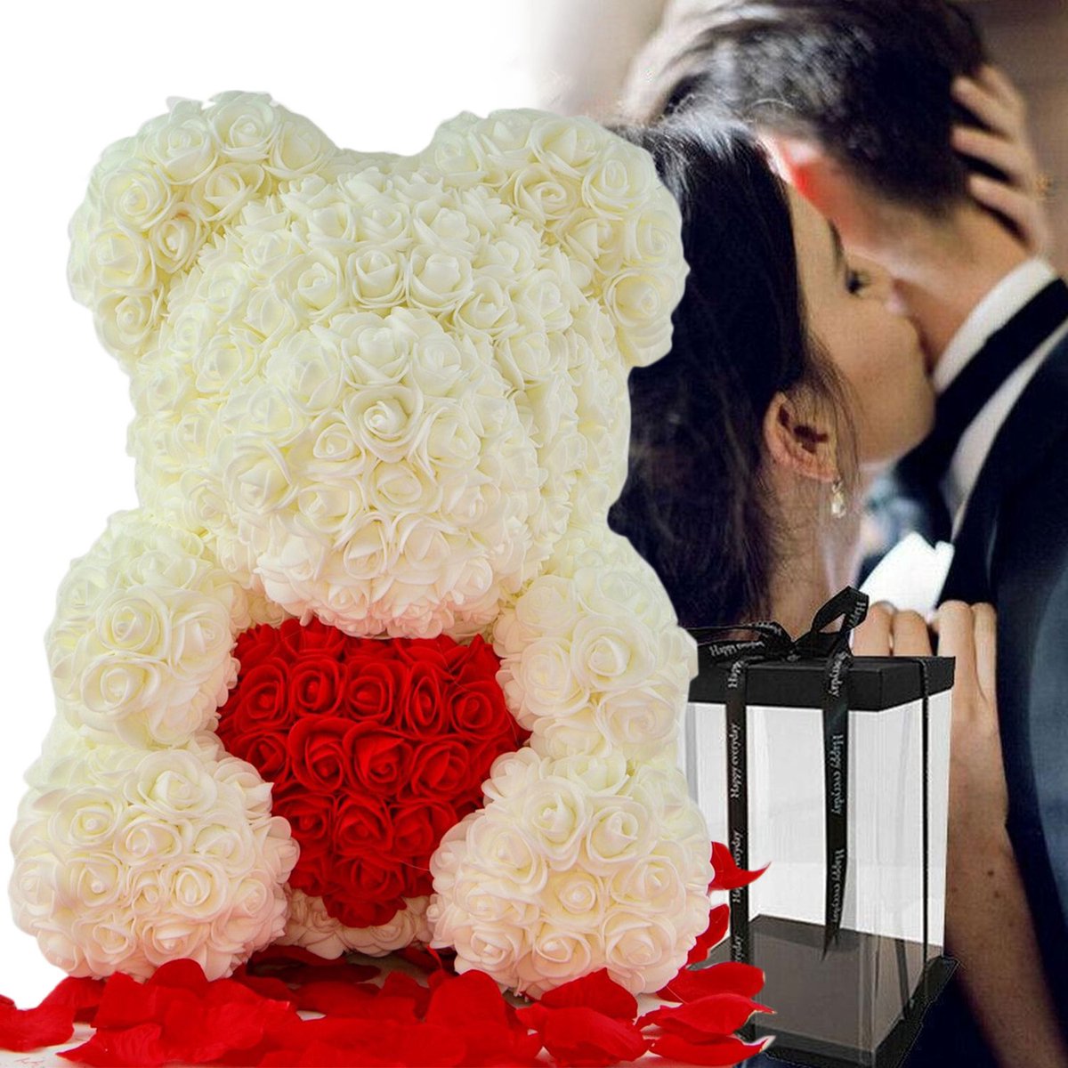 Premium rozen teddybeer 40 cm - romantisch Valentijnsdagcadeau in wit met rode accenten, perfect voor babyshowers en geboortefeesten, inclusief luxe geschenkdoos 