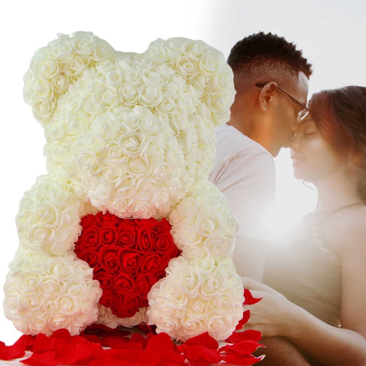 Premium rozen teddybeer 40 cm - romantisch Valentijnsdagcadeau in wit met rode accenten, perfect voor babyshowers en geboortefeesten, inclusief luxe geschenkdoos 