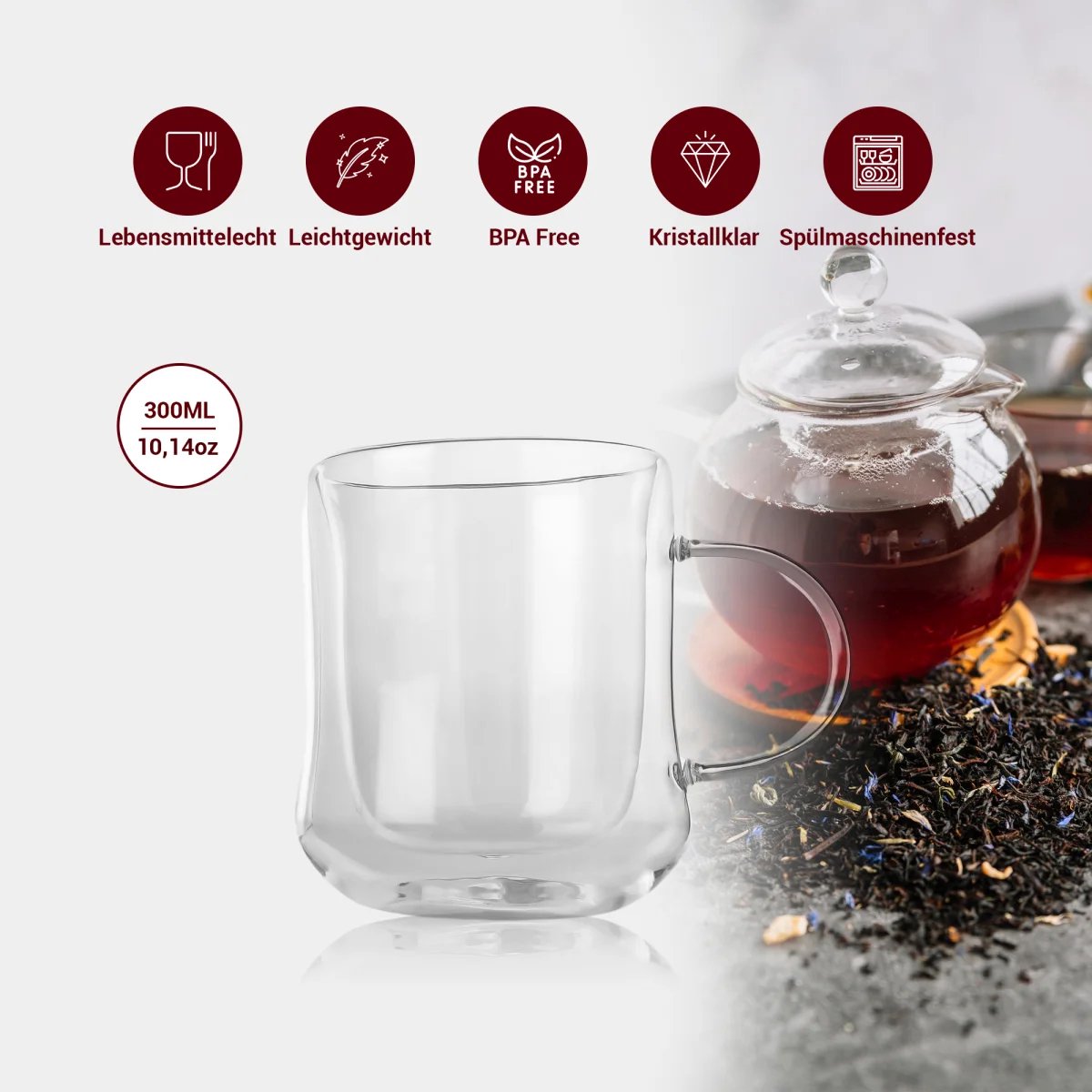 Tobeyz Esmerina Theeglazen 300ml - Premium Double-Walled Glass Tea Cups with Handle for Hot &amp; Cold Beverages - Set of 6