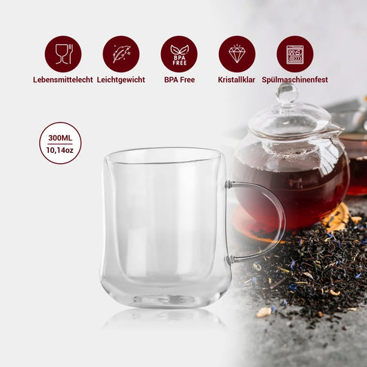Tobeyz Esmerina Theeglazen 300ml - Premium dubbelwandige glazen theekopjes met handvat voor warme en koude dranken - Set van 6 