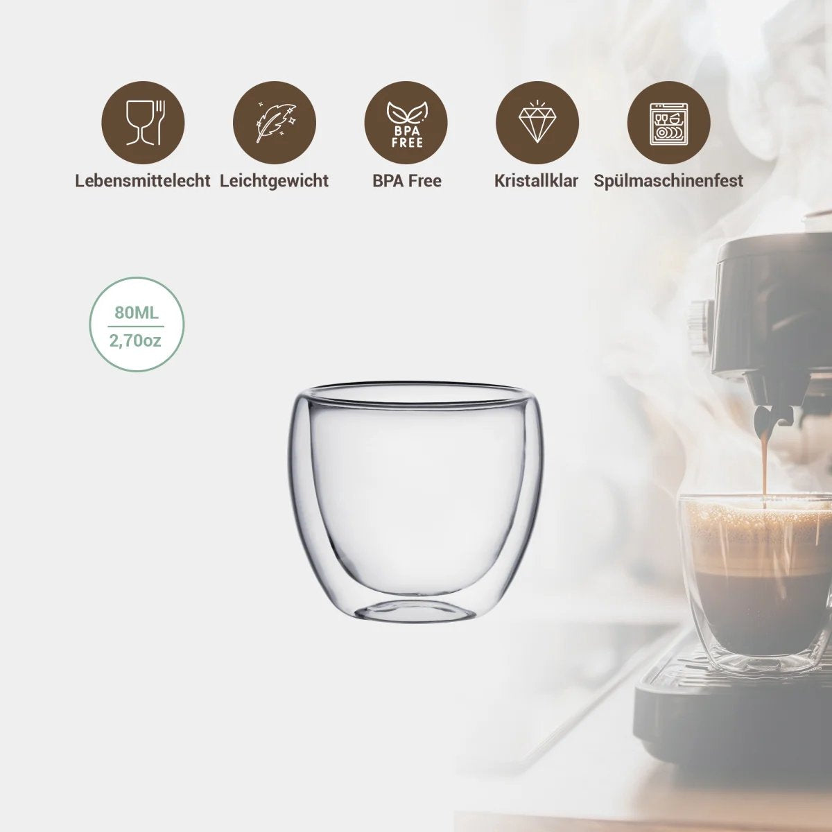 Tobeyz Esmerina Theeglazen 80ml - Premium Double-Walled Glass Espresso Cups - Perfect for Coffee, Tea &amp; Desserts - Set of 6