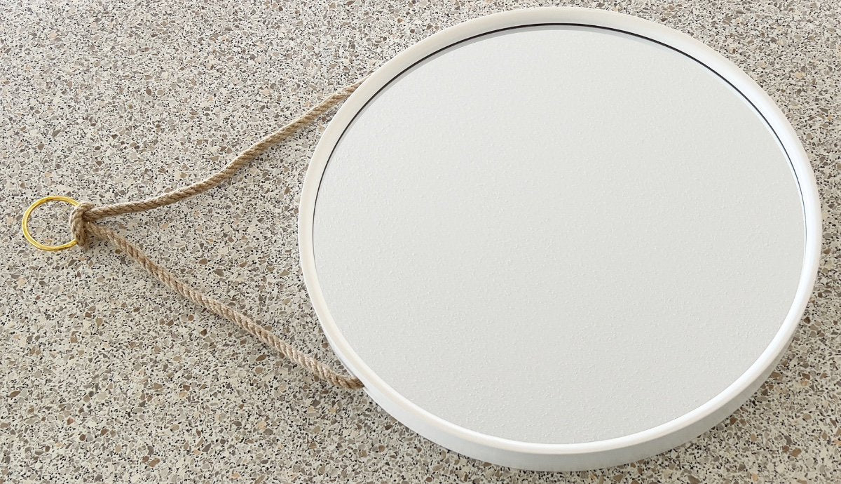 Round Wall Mirror ø48cm - White Wooden Frame with Linen Hanging Strap - Elegant Wall Decoration for Modern &amp; Scandinavian Interiors