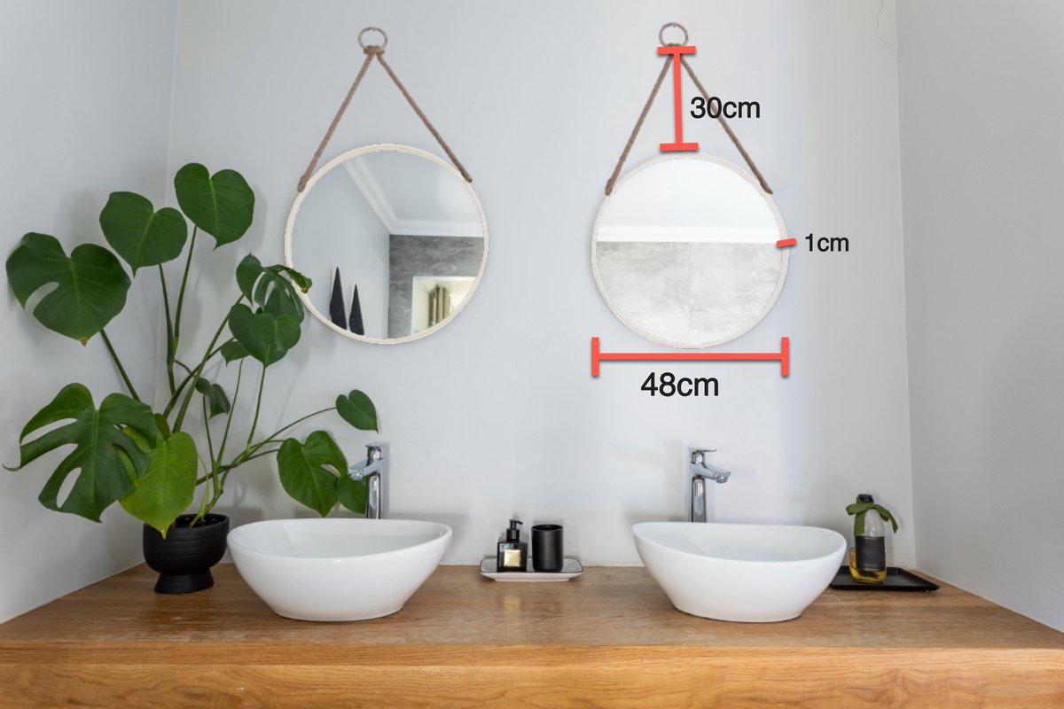 Round Wall Mirror ø48cm - White Wooden Frame with Linen Hanging Strap - Elegant Wall Decoration for Modern &amp; Scandinavian Interiors