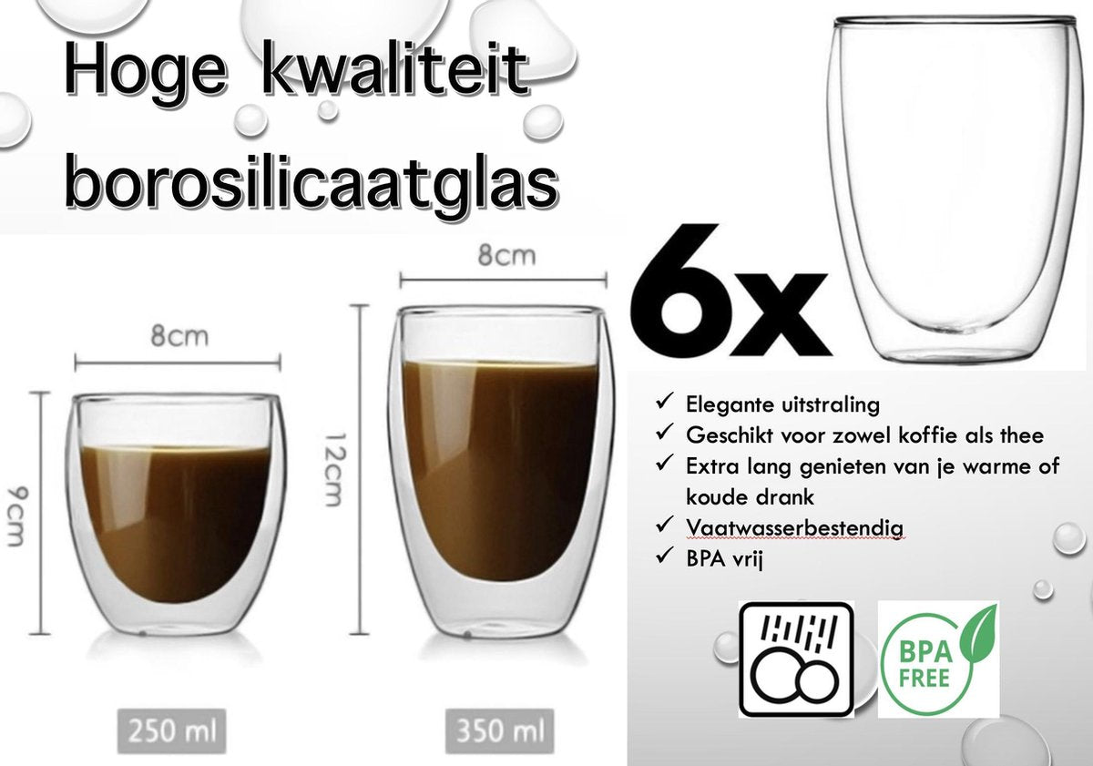 Premium Double-Walled Glass Set of 6 - 350ml Thermal Insulated Coffee &amp; Tea Glasses with Heat-Resistant Borosilicate Construction for Complete Hot &amp; Cold Beverage Solutions