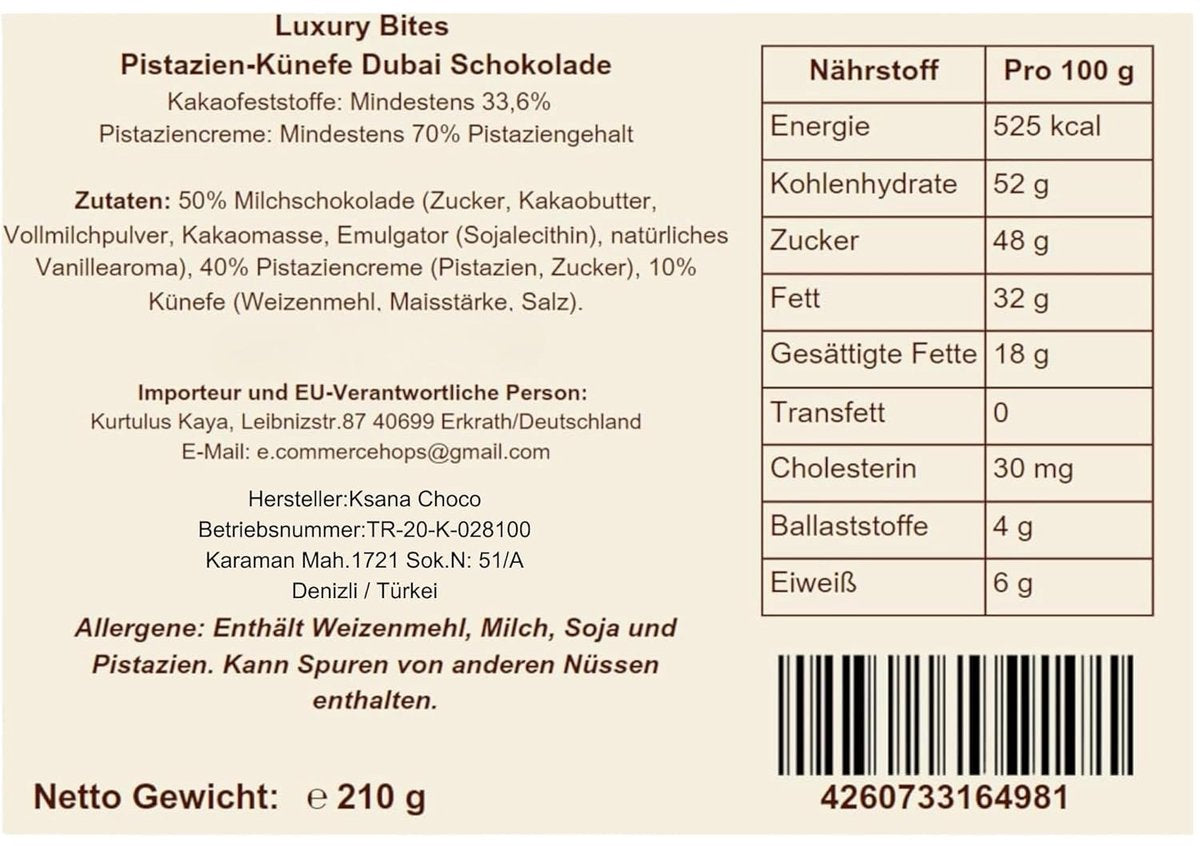 Luxury Bites Dubai Chocolate 210g - Handmade Belgian Chocolate with Pistachio &amp; Kadayif, Premium Halal Confectionery