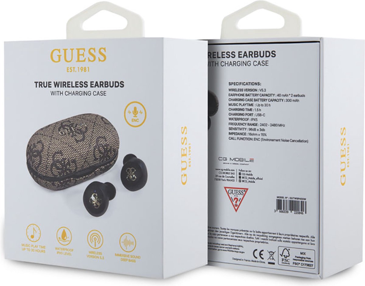 Guess True Wireless 4G Metal Bluetooth In-Ear Earbuds - Premium Designer Audio Experience with Iconic Logo, Advanced Technology &amp; Luxurious Brown Finish