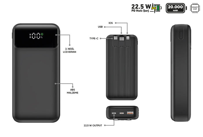 Powerbank van 20.000 mAh met 22,5 W snelladen - draagbare oplader met LCD-scherm
