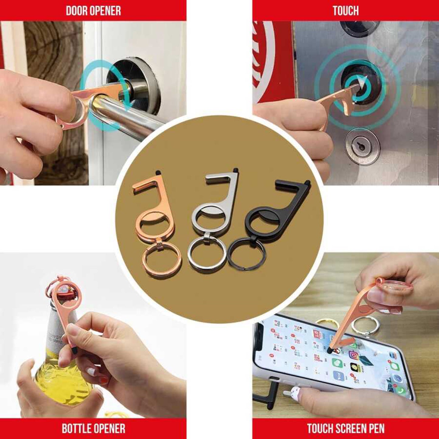 3 stukken x Flesopener - Sleutelhanger - No Touch Key |in 3 kleur Contactloos Deuropener