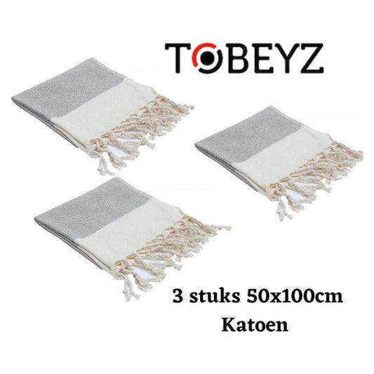 3 Stuks Tobeyz Grijze Handdoek 100% Katoen - 50x 100 cm - Hamamdoek - Hamam - Spa - Sauna doek - Grijs