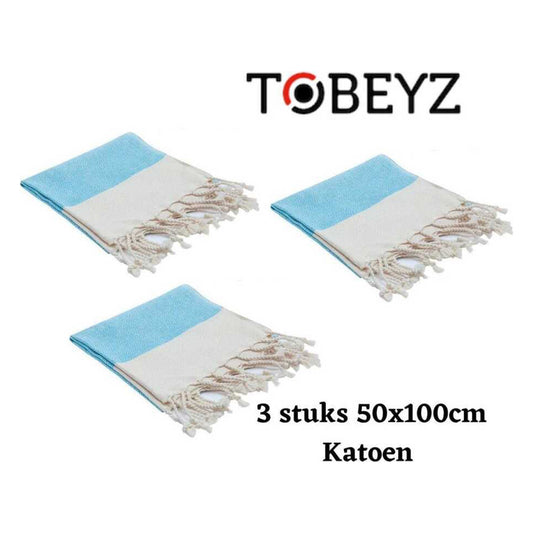 3 Stuks Tobeyz Handdoek Blauw 100% Katoen - 50x 100 cm - Hamamdoek - Spahanddoek - Saunadoek - Blauw