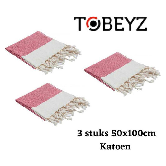 3 Stuks - Tobeyz Handdoek Rood 100% Katoen - 50x 100 cm - Hamamdoek - Hamam - Spahanddoek - Saunadoek - Rood