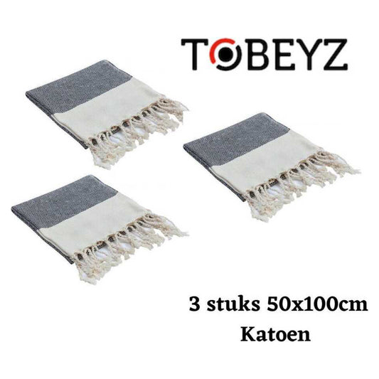 3 Stuks Tobeyz Handdoek Zwart 100% Katoen - 50x 100 cm - Hamamdoek - Hamam - Spahanddoek - Saunadoek - Zwart