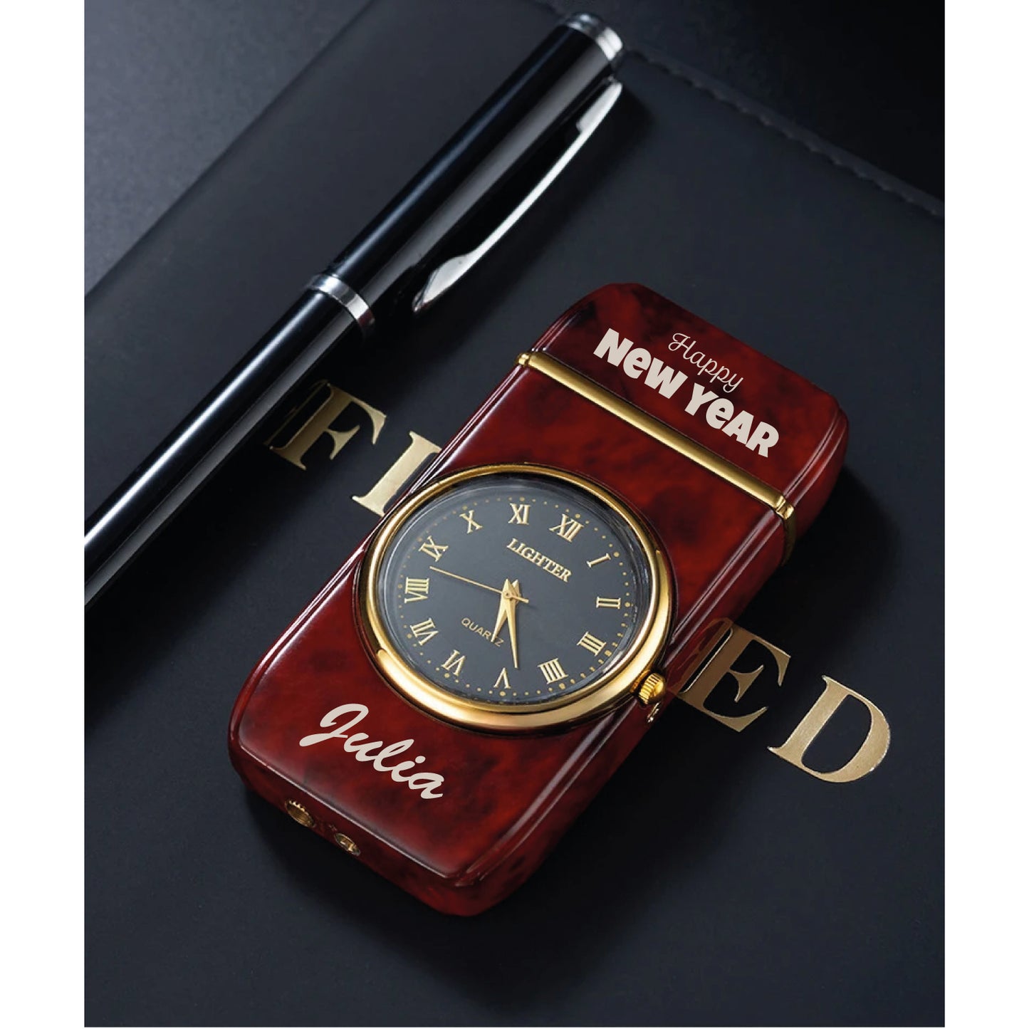 Personalized Lighters - Metal Butane Lighter - Engraved with Logo and Text - Custom Design - Personalized Gift - Windproof Lighter - Gold Watch Bezel - Jet Dual Flame Torch Refillable Gas Lighter - Metal with Quartz Dial Watch - 55350