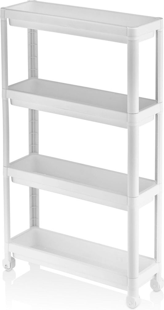 Premium Slim 4-Tier Storage Trolley - White Mobile Kitchen &amp; Bathroom Organizer with Wheels, Adjustable Shelves &amp; Space-Saving Design for Modern Homes