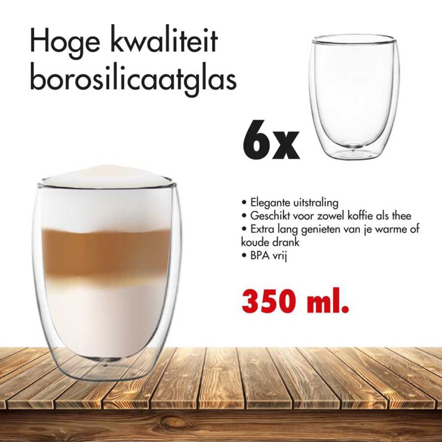 6x Dubbelwandige Koffieglazen 350 ml - Glazen Cappuccino Kop - Latte Glas - Dubbelwandig Theeglas - Thee - Espresso - Koffie