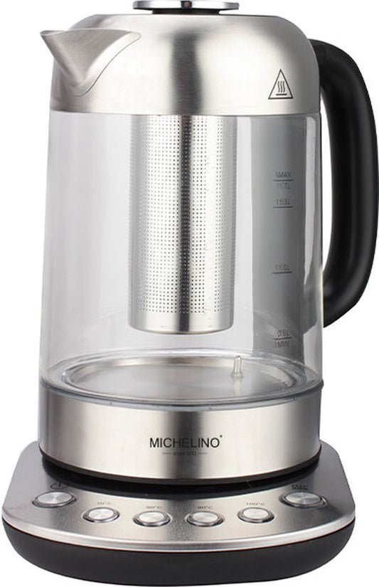 Michelino Waterkoker 1,7L - Premium roestvrijstalen elektrische waterkoker met temperatuurregeling, geïntegreerd theefilter en ledverlichting in elegant zilver 
