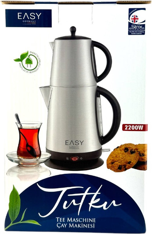 Premium Easy 2-in-1 Turkse theemaker en elektrische waterkoker - roestvrijstalen samovar 1,7L/1,0L met 2200W vermogen voor authentieke Çaymatik-thee-ervaring 