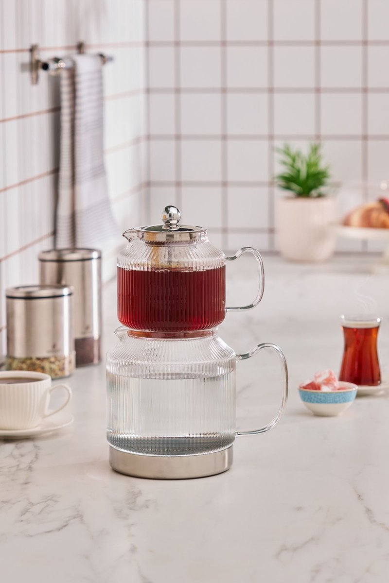Schäfer Harmonie Glass Teapot Set - 600ml &amp; 1.5L Dishwasher Safe with Stainless Steel Base, Suitable for All Stove Types