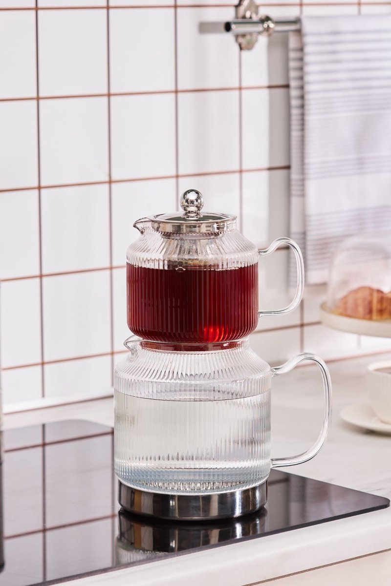 Schäfer Harmonie Glass Teapot Set - 600ml &amp; 1.5L Dishwasher Safe with Stainless Steel Base, Suitable for All Stove Types