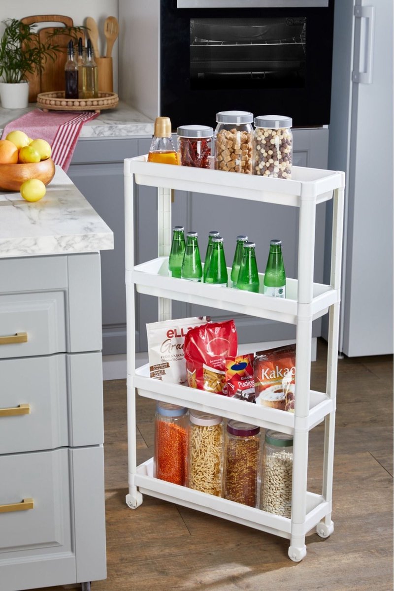 Premium Slim 4-Tier Storage Trolley - White Mobile Kitchen &amp; Bathroom Organizer with Wheels, Adjustable Shelves &amp; Space-Saving Design for Modern Homes