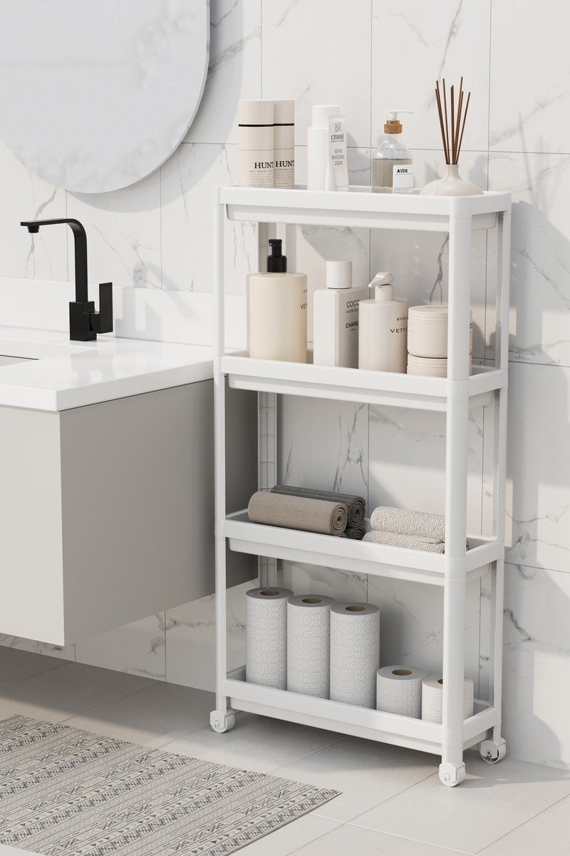 Premium Slim 4-Tier Storage Trolley - White Mobile Kitchen &amp; Bathroom Organizer with Wheels, Adjustable Shelves &amp; Space-Saving Design for Modern Homes