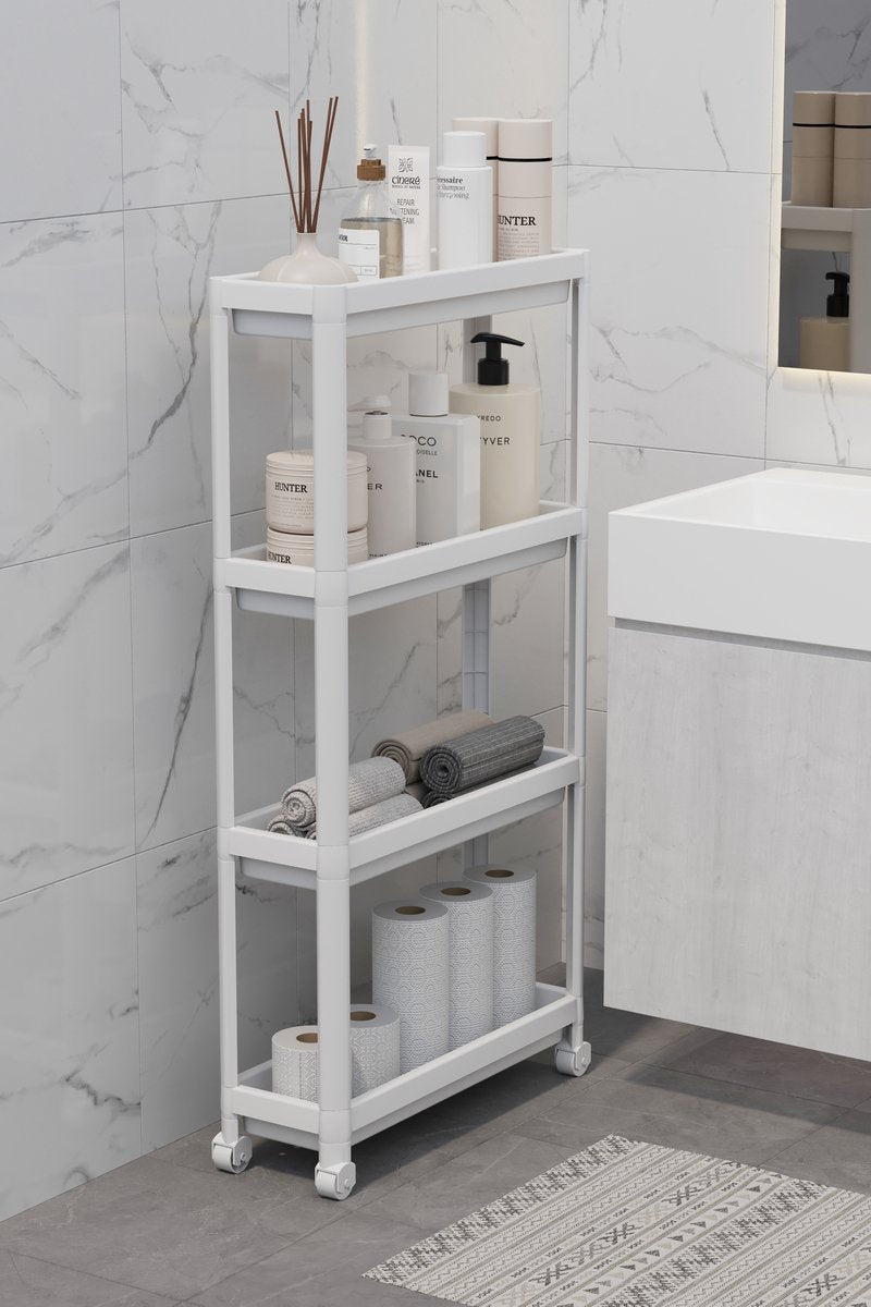 Premium Slim 4-Tier Storage Trolley - White Mobile Kitchen &amp; Bathroom Organizer with Wheels, Adjustable Shelves &amp; Space-Saving Design for Modern Homes