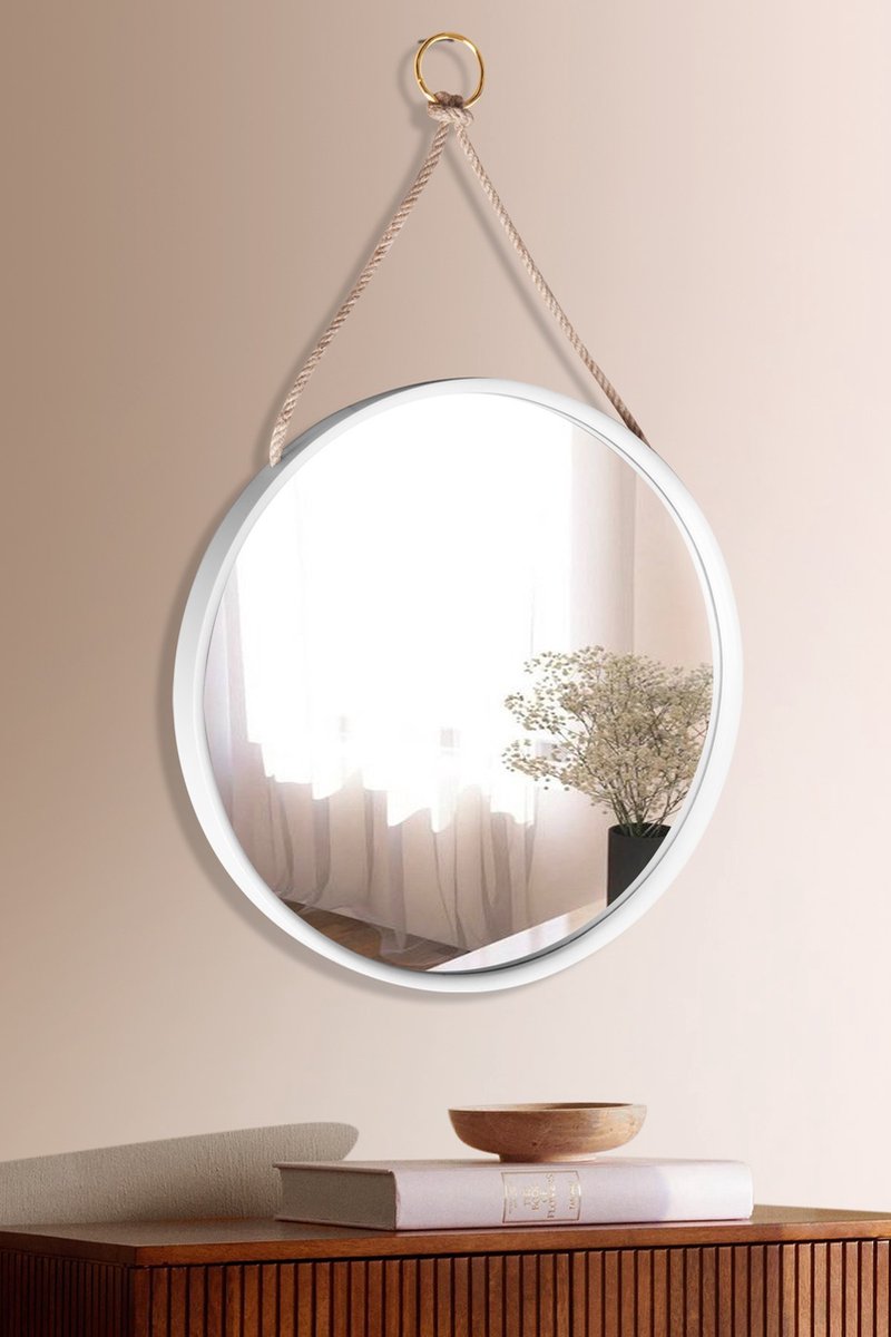 Round Wall Mirror ø48cm - White Wooden Frame with Linen Hanging Strap - Elegant Wall Decoration for Modern &amp; Scandinavian Interiors