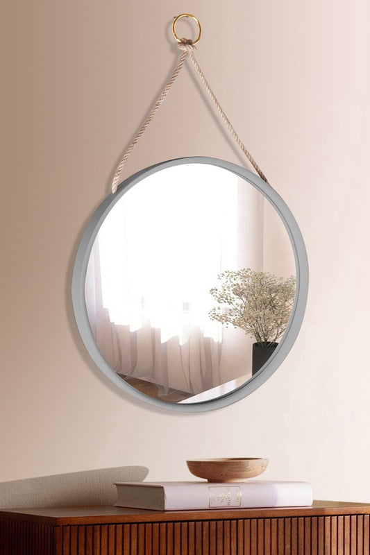 Round Wall Mirror ø48cm Grey Color Wooden Frame Linen Hanging Strap Wall Decoration 4cmx48cm Mirror Wall Decoration