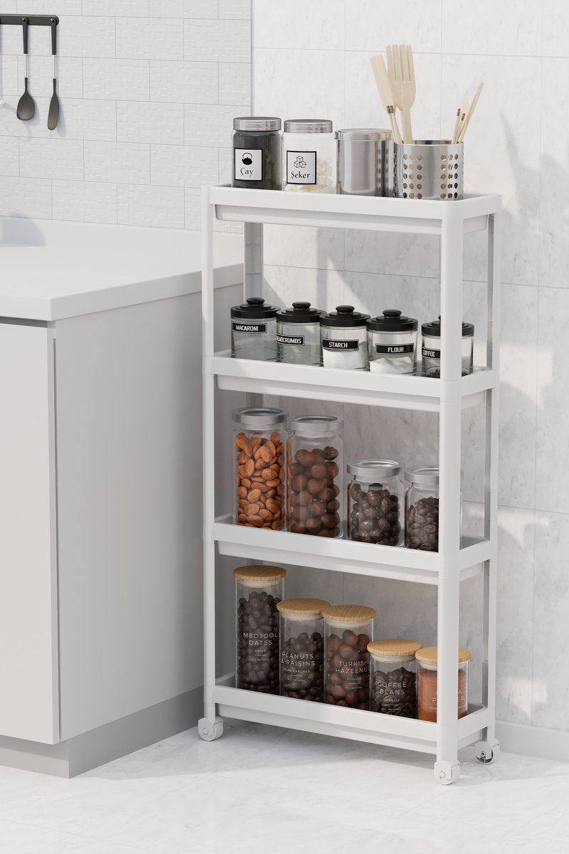 Premium Slim 4-Tier Storage Trolley - White Mobile Kitchen &amp; Bathroom Organizer with Wheels, Adjustable Shelves &amp; Space-Saving Design for Modern Homes
