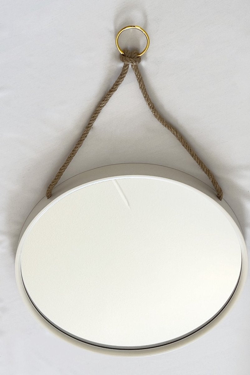Round Wall Mirror ø48cm - White Wooden Frame with Linen Hanging Strap - Elegant Wall Decoration for Modern &amp; Scandinavian Interiors