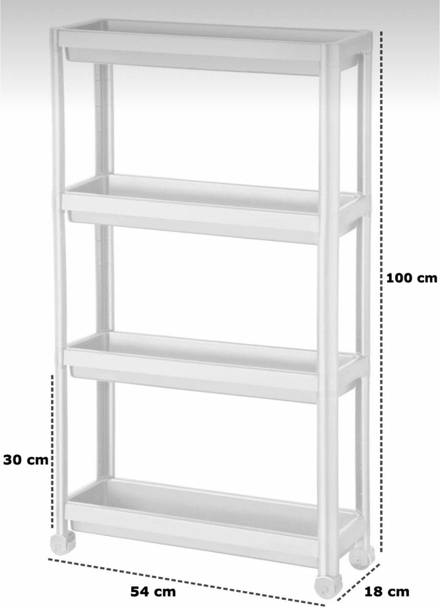 Premium Slim 4-Tier Storage Trolley - White Mobile Kitchen &amp; Bathroom Organizer with Wheels, Adjustable Shelves &amp; Space-Saving Design for Modern Homes