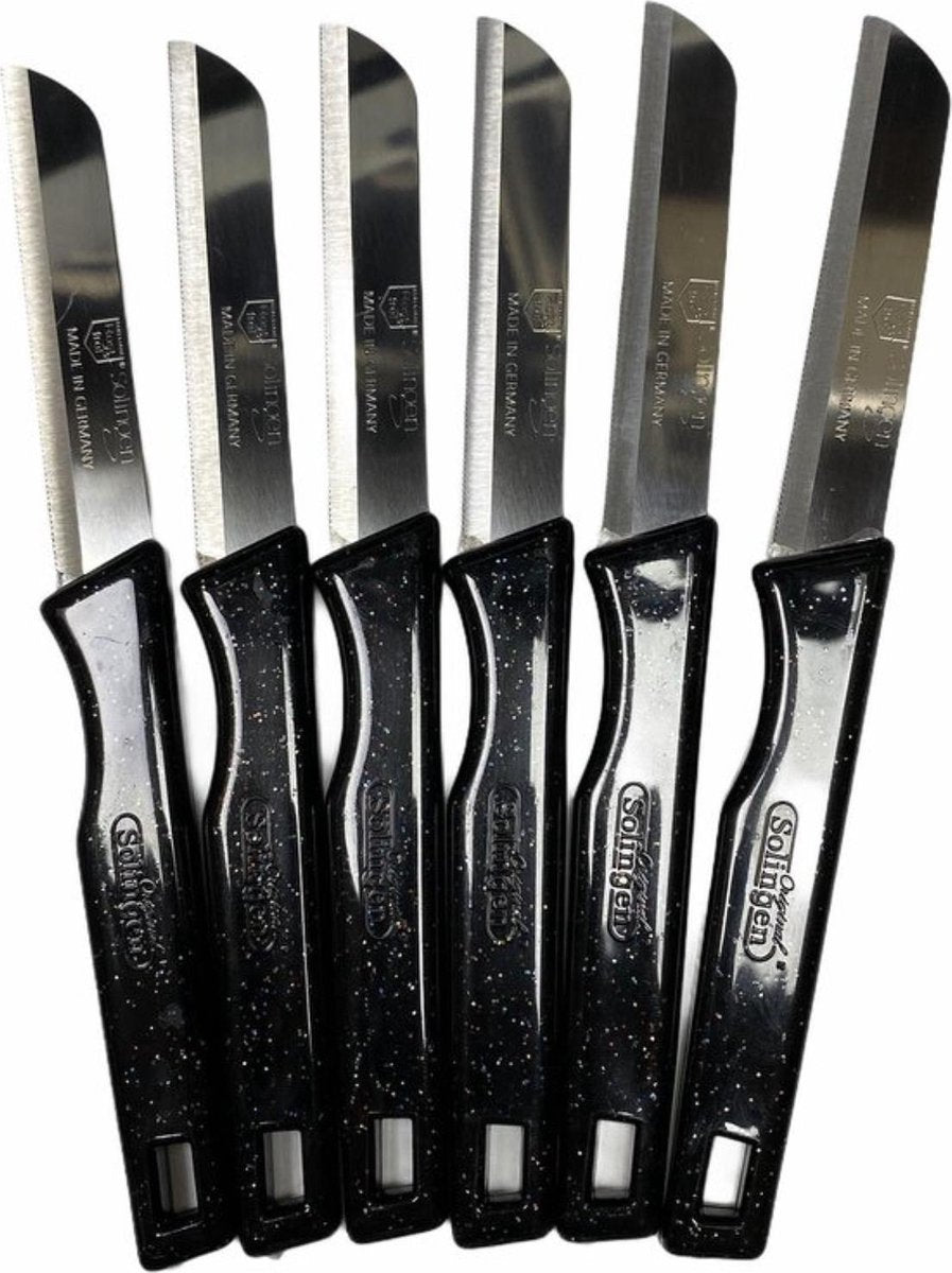Premium Solingen 6-Piece Black Glitter Serrated Tomato Knife Set - 18.5cm Stainless Steel with Blade Covers