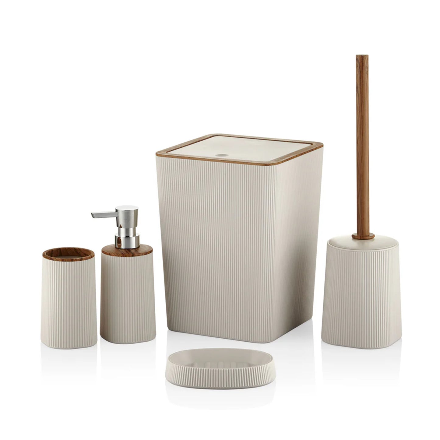 Badkamer Accessoires Bruin - Vijfdelig set - Zeepdispenser – Tandenborstel organizer – Toiletborstel & -houder – Prullenbak - 4 verschillende kleuren