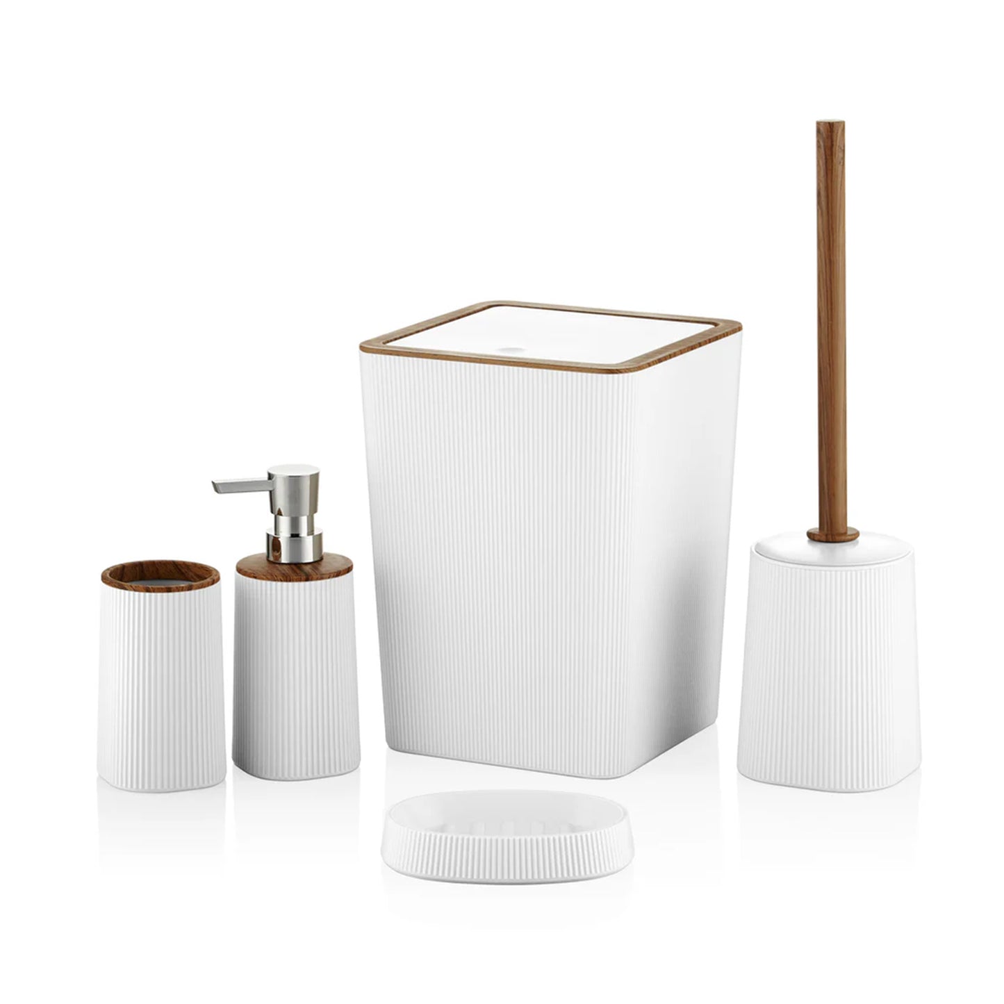 Badkamer Accessoires Bruin - Vijfdelig set - Zeepdispenser – Tandenborstel organizer – Toiletborstel & -houder – Prullenbak - 4 verschillende kleuren