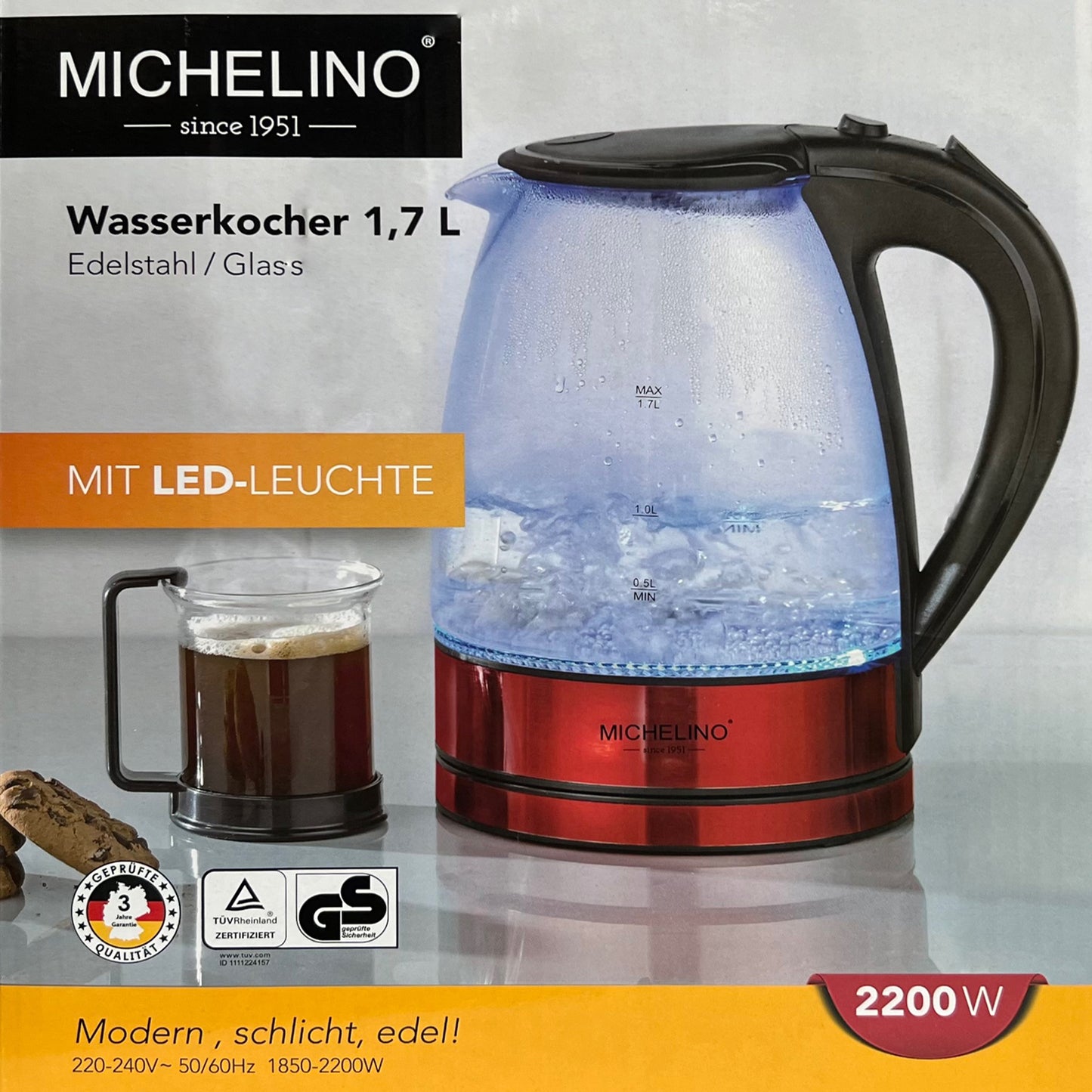 Michelino glazen waterkoker 1,7 liter met LED-verlichting