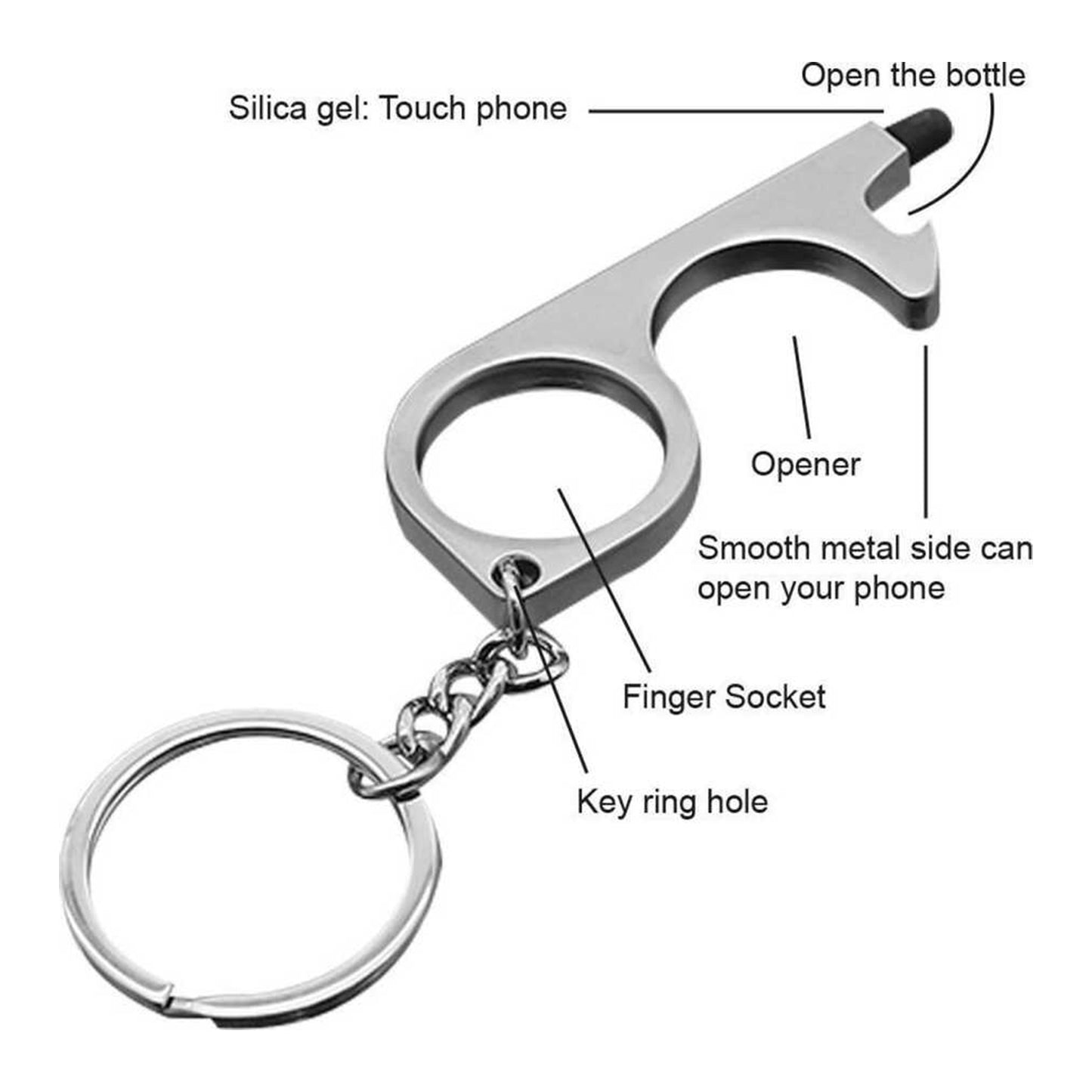 Promohigh Sleutelhanger/Flesopener - Zilver| Contactloos key | No Touch Key | No contact Hands Off | Touchscreen vriendelijk | Handige Tool | Multifunctioneel | Openen zonder aanraak | Handsfree