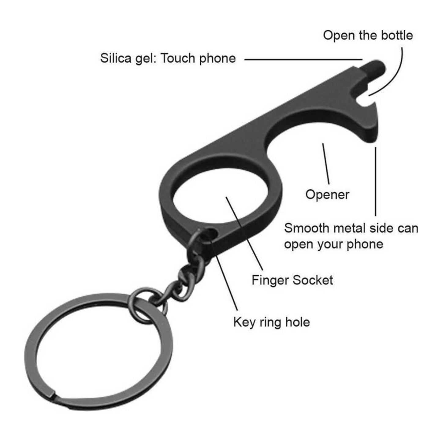 Sleutelhanger -3 Stuks- Zwart |Contactloos key | No Touch Key | No contact Hands Off | Touchscreen vriendelijk | Handige Tool | Multifunctioneel | Openen zonder aanraak | Handsfree