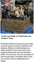 Versierde kofferbak voor Halloween met een skelet, een piratenvlag en een houten hek.