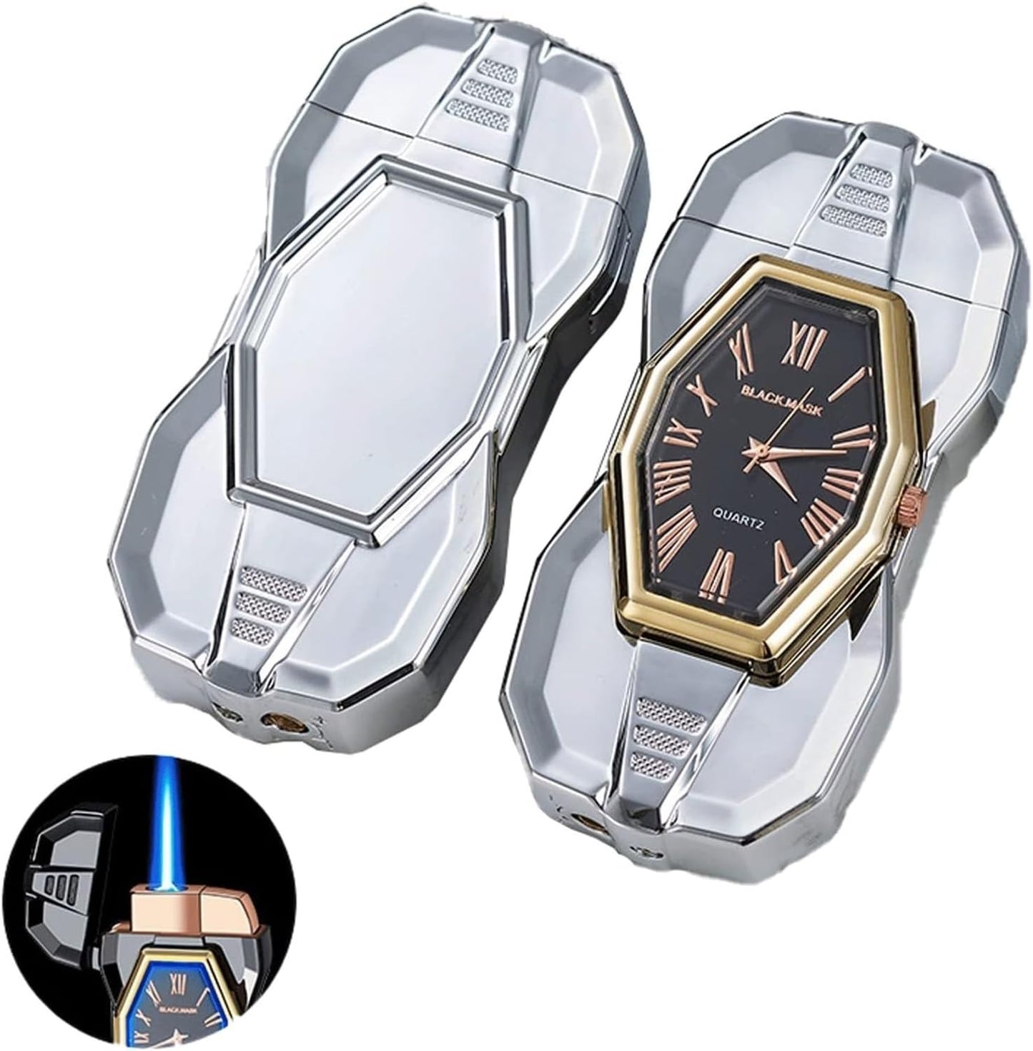 Personalized Watch and Butane Lighter - Custom Engraved Lighter with Logo and Text - Unique Design - Blue, Gold, Black, Gray, Mixed