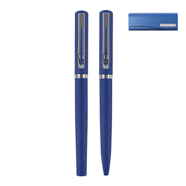 40609-MarineBlauw Pennenset - Schrijfwarenset - Balpen - Rollerpen - Pennen lasergraveren - Met pennenetui  - Cadeau pennenset - Marineblauw inkt