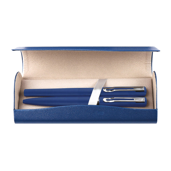 40609-MarineBlauw Pennenset - Schrijfwarenset - Balpen - Rollerpen - Pennen lasergraveren - Met pennenetui  - Cadeau pennenset - Marineblauw inkt