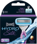Wilkinson Sword Hydro Silk scheermes met 5 bladen en handvat in paars en transparant. Blauwe scheerkop met witte stippen.